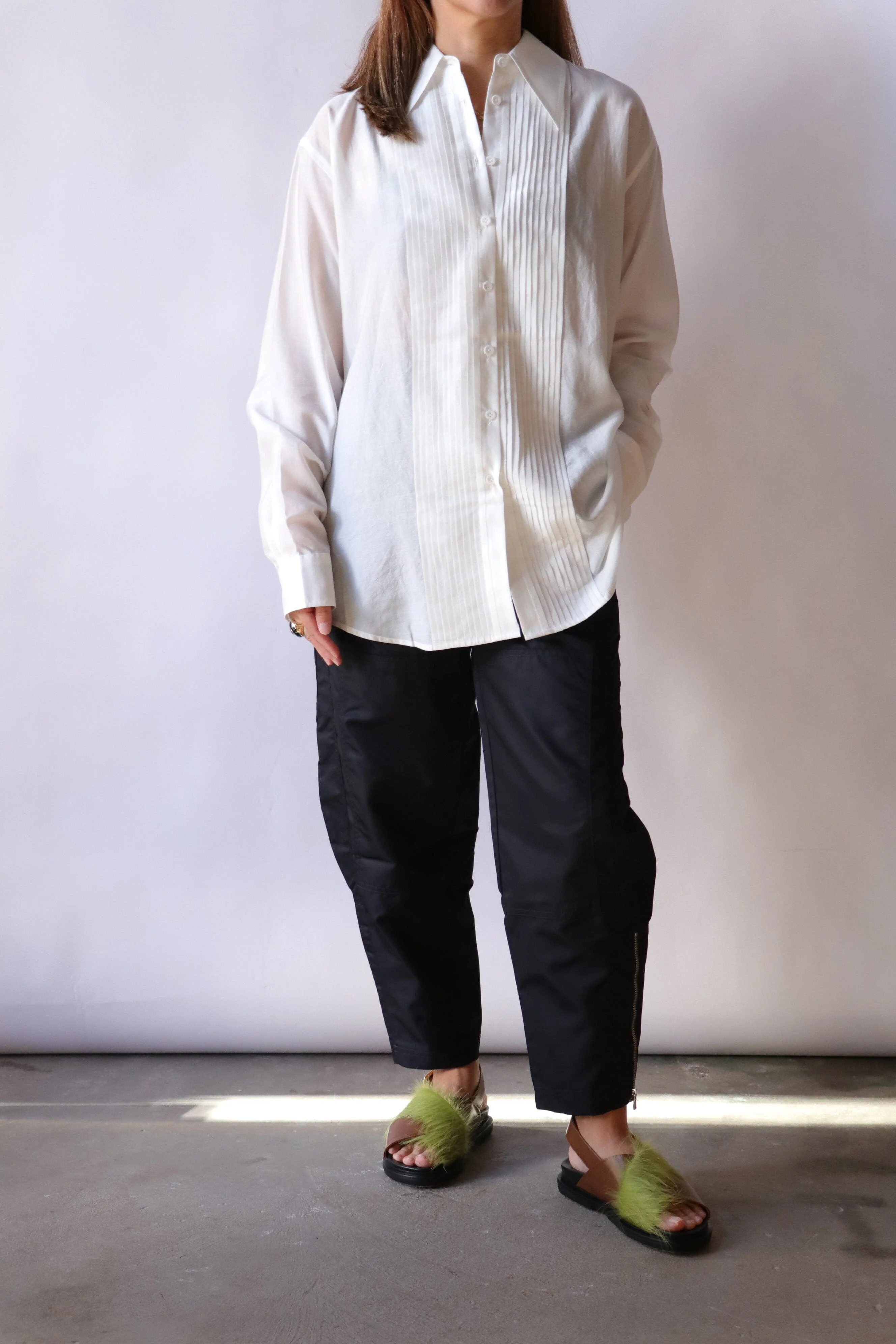 Tibi Silk Voile Easy Pintucked Shirt in Ivory - Image 3